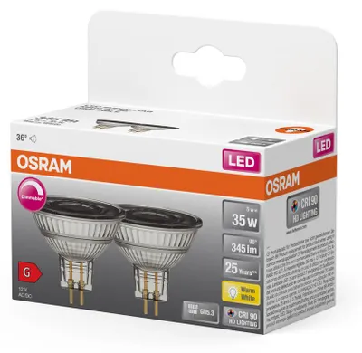 Produktbild von 2er-Pack OSRAM LED SUPERSTAR MR16 12V 5W 927 GU5.3 Spot, Strahler 345lm 2700K warmweiss wie 35W dimmbar 4099854103377