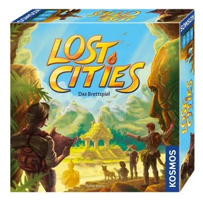 The image shows the box art for the board game "Lost Cities - Das Brettspiel". It depicts an adventurous scene with explorers in a jungle setting, with ancient ruins and a large stone head.