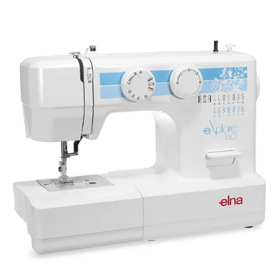 A white Elna eXplore 160 sewing machine is shown from a front-side angle against a white background.