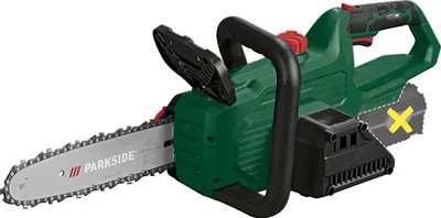 A green and black electric chainsaw is shown against a white background.