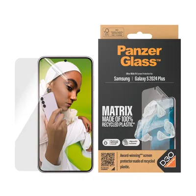Obrázok produktu pre PanzerGlass ® ECO MATRIX Screen Protector with D3O® Samsung Galaxy S24+ | Ultra-Wide Fit w. AlignerKit, Samsung, Samsung - Galaxy S24 Plus, Suché aplikovanie, Odolné proti poškriabaniu, Odolný proti nárazom, Priehľadná, 1 kusov