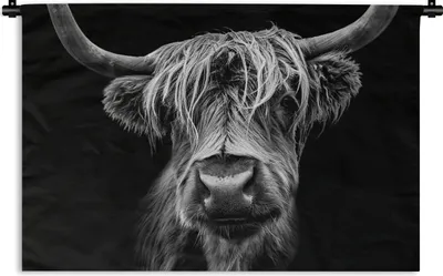 Produktbild von MuchoWow® Wandteppich Wandbehang Schottisches Hochlandrind - Hörner - Schwarz - Weiß - Kuh - Wild - Tiere 150x100 cm Tapisserie Dekoration Wandtuch - Waschbar - Tapisserien - Wand-Decke