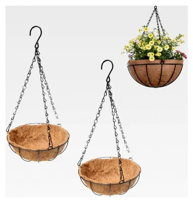 Produktbild von 2 Stück Blumenampel aus Kokos, Metall Blumenampel für Innen- und Außenbereich, hängender Pflanzkorb mit Kokoseinlage (21cm)