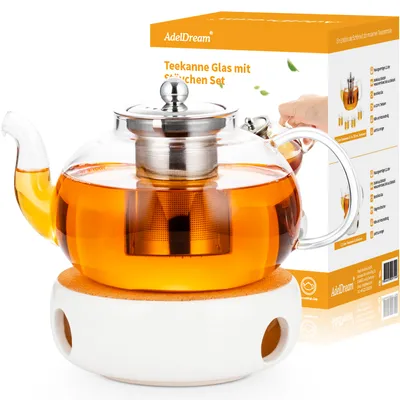 Immagine prodotto di Teiera in vetro Unyqoos® da 1200 ml con filtro in acciaio inossidabile e scaldino, realizzata in vetro borosilicato – ideale per tè sfuso, tè aromatizzati e bustine di tè