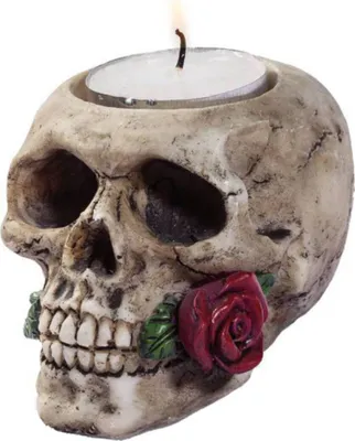 Produktbild von Teelichthalter Totenkopf mit Rose im Mund