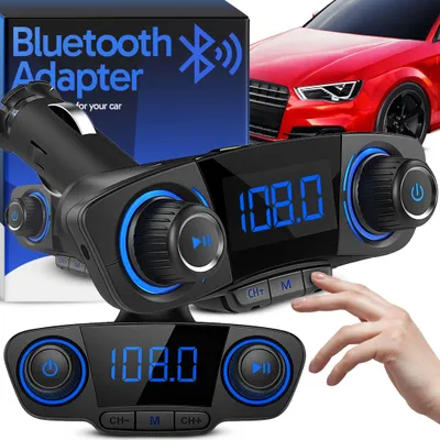 A close-up shot of a Bluetooth FM transmitter for a car, with a red car and product packaging in the background. A hand is shown interacting with the device.