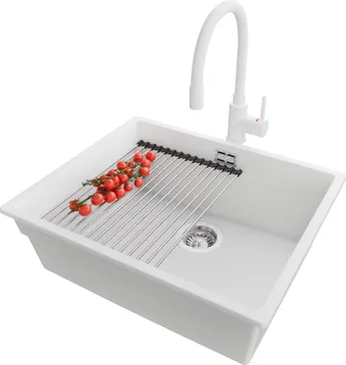 Produktbild von PRIMAGRAN Granitspüle Weiß 56x47cm, Spülbecken 1 Becken + Küchenarmatur 38x14cm + Ablauf-Set + Küchenzubehörset, Küchenspüle ab 60er Unterschrank - Praga Slim