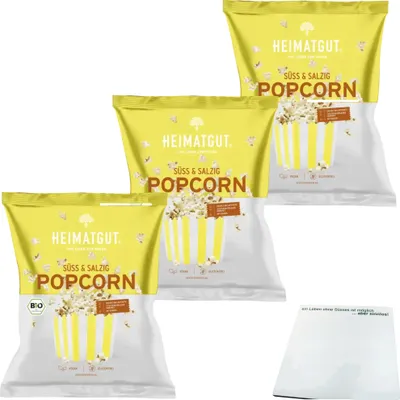 Produktbild von Heimatgut Popcorn Süß-Salzig 3er Pack (3x90g Beutel) + usy Block