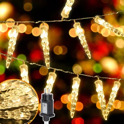 Image de Peviasot, rideau lumineux LED de 40 LED, forme de stalactites, guirlande lumineuse avec 8 modes d'éclairage, idéal pour la décoration intérieure, les fenêtres et les fêtes de Noël, lumière blanc chaud