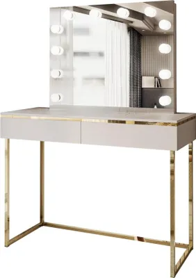 A vanity table with a lighted mirror.