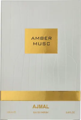 A product box for Ajmal Amber Musc Eau de Parfum.