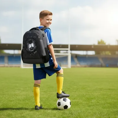 Produktbild von Schulranzen 16 Zoll, schwarz, Fußball, wasserdichter Oxford-Stoff, Metallreißverschluss, für Schule