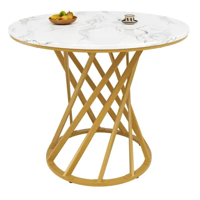 A round marble-patterned table with a gold metal base, shown against a white background.