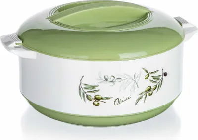 A white and green insulated food carrier with an olive branch design.