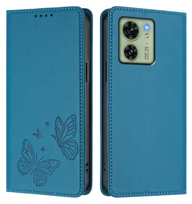 Produktbild von Lederhülle für Motorola Edge 40, Schmetterling Prägung Leder Brieftasche Schutzhülle mit Ständer Blau