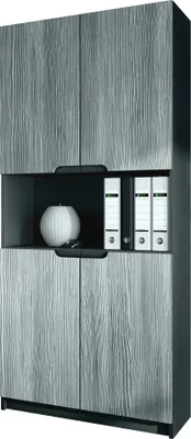 A modern office cabinet with a wood-grain finish.