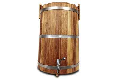 A wooden barrel with metal bands and a spigot, presented against a white background.