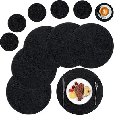 Produktbild von Famanu Set von 6 runden, geflochtenen Platzdeckchen und Untersetzern - waschbare schwarze Tischmatten - hitzebeständig
