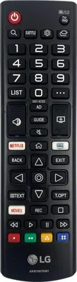 A black LG TV remote control is shown against a black background.