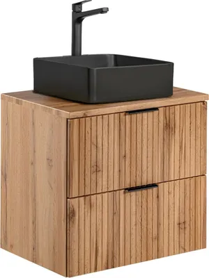 Produktbild von Badmöbel Waschtisch Unterschrank Set Wotaneiche gerillt, Keramik-Waschbecken schwarz, 2 Softclose-Schubkästen, B/H/T 60,6/72,2/46,5 cm