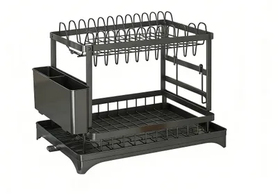 Image de Support égouttoir - Étagère à assiettes et bols à 2 niveaux - Système de vidange automatique - Récipient à couverts - Acier - Noir