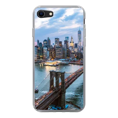 A clear, professional shot of an iPhone case with a New York City skyline and Brooklyn Bridge design.