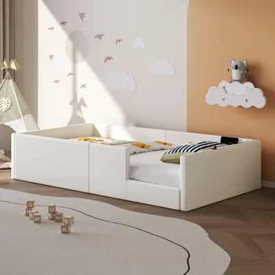 Immagine prodotto di Merax 90x200 letto imbottito per bambini 90x200, con imbottitura, ringhiera di protezione, USB e tipo C, letto per ragazzi, letto morbido, letto piatto, letto da pavimento, PU, bianco