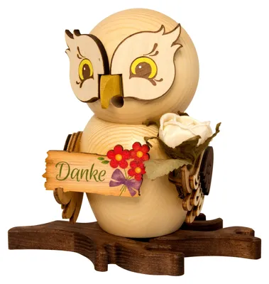 Produktbild von Drechslerei Kuhnert - Räucherfigur Eule mit Danke Schild - Größe ca. 15cm, für Räucherkerzen Größe M (Standard) - 37224