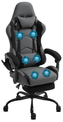 A gaming chair with a footrest and massage function.