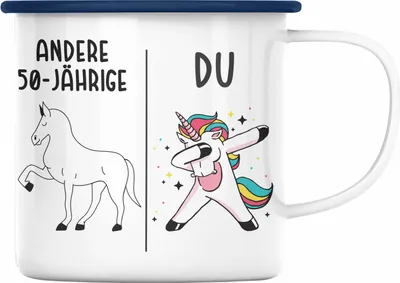 Produktbild von Trendation - 50. Geburtstag Frauen Emaille Tasse Einhorn Geschenk Geschenkidee 50er Geburtstag Mutter Mama (Blau)