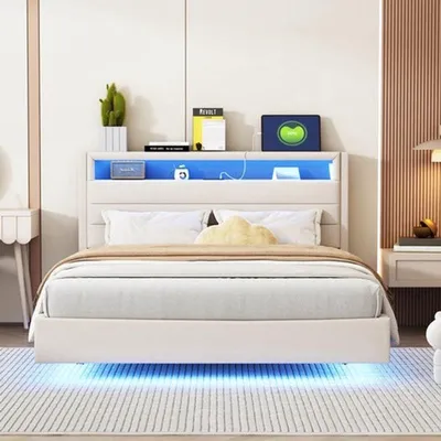 Obrázek produktu pro Postel s čalouněnou částečně čalouněnou konstrukcí – dvoulůžko – 140x200 cm – šedá – s LED osvětlením a USB portem