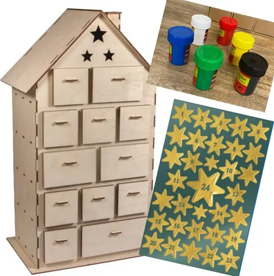 Image de Pack DIY complet calendrier de l'Avent maison en bois avec peinture et décorations