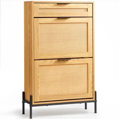 A wooden shoe cabinet with rattan inserts and black metal legs, shown against a white background.
