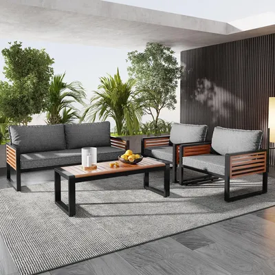Image de Ensemble de salon de jardin 4 pièces, en fer galvanisé et bois d'acacia, pour 4 personnes, avec table basse et coussins de 7 cm, gris