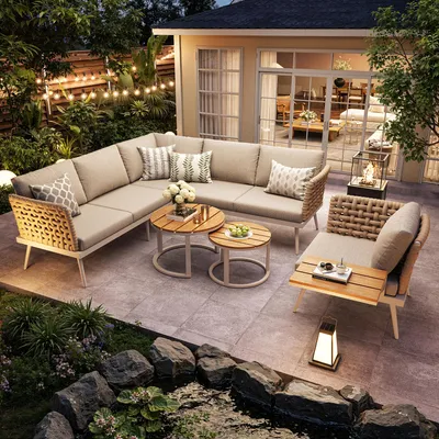 Produktbild von Flieks Gartenmöbel-Sets 6 Sitzer, Gartenlounge-Set mit 2 Gartentischen, Balkonmöbelset mit handgeflochtenen Armlehnen, Sofagarnitur Beige