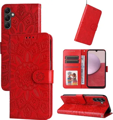 A collage of images showing a red flip phone case with a sunflower embossed pattern, displaying its features and how it can be used.