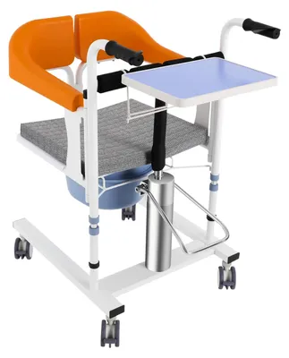 Produktbild von Hydraulische Patientenlift Rollstuhl - Höhenverstellbarer Transferstuhl - Verstellbare Rückenlehne - TPE-Bremsrollen - Tragkraft 100 kg - Orange
