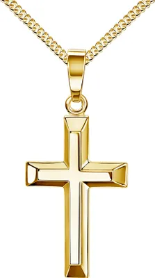 Produktbild von Anhänger-Kreuz Goldkreuz für Damen, Herren und Kinder mit abgeflachten Kanten als Kettenanhänger 333 Gold 8 Karat mit Schmuck-Etui und Schmuckzertifikat  Mit Panzerkette 925 Silber vergoldet 40 cm