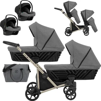 Produktbild von Kinderwagen IVENTO DUO 3 in 1 Komplettset Zwillingskinderwagen Geschwisterwagen Zwillingsbuggy Doppelkinderwagen (Deep Graph, Rahmenfarbe: champagne)