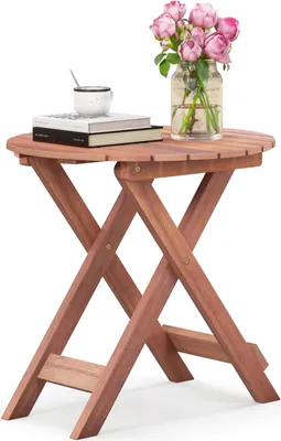 Produktbild von COSTWAY stolik boczny z blatem z listew, stolik ogrodowy okrągły, stolik kawowy z drewna akacjowego 46x46x45cm