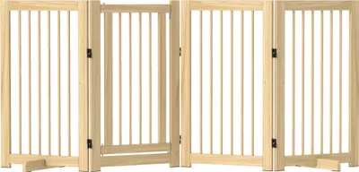 Produktbild von PawHut Absperrgitter Hund 4-teilig, 220 x 91 cm Faltbar Türschutzgitter mit Tür, Freistehend Hundegitter aus Holz, mit 2 Stützfüßen, Treppengitter für