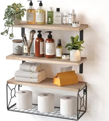 Productafbeelding van PromoHome® Zwevende wandplanken met opbergmand – Set van 4 – Natuurlijk hout, 41x14x4 cm