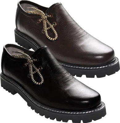 Ein Paar handgefertigte traditionelle Herren-Haferlschuhe in zwei Farben. Mit runder Kappe bieten diese Schuhe einen sicheren und bequemen Sitz und sind aus feinstem 100 % glattem Nappaleder gefertigt.
