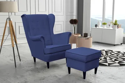 Obrázek produktu pro Kaiser Möbel Elegantní set, dřevěný rám, sada křídlových židlí + podnožka, látka Velutti modrá