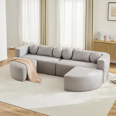Produktbild von Merax 4-Sitzer Ecksofa, U-förmiges Modulare Schlafcouch mit Schlaffunktion, Vollkomprimierte Cloud Couch, Chenille Soffa, Ohne Montage, Grau