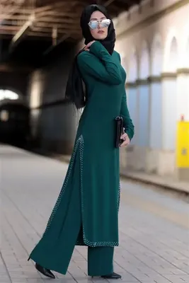 Immagine prodotto di Abendkleid Zweiteilges Outfit Tunika & Hose Lang Hijab Grün 38 Tesettür S-966