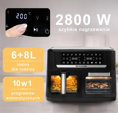 Zdjęcie produktu dla Frytkownica na gorące powietrze beztłuszczowa airfryer frytownica BERGMANN YO 2 komory poziome 6l+8l 2800W w zestawie rękawica kuchenna