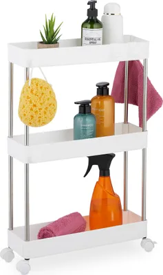 Immagine prodotto di Relaxdays Scaffale da nicchia, 3 ripiani, scaffale da nicchia stretto per cucina e bagno, A x L x P: 62 x 41,5 x 14,5 cm, scaffale su ruote, bianco