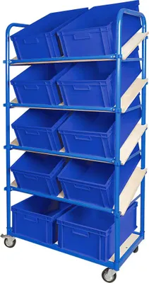 Produktbild von Schrägboden-Regalwagen mit 5 Ebenen, bestückt mit 10 Euroboxen 600x400x220 mm blau