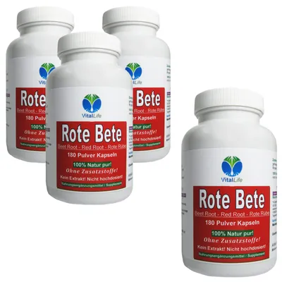Produktbild von Rote Beete rote Bete 720 (4x180) Kapseln reines Wurzel-Pulver. Sport Fitness Wellness. 100% NATUR pur. OHNE ZUSATZSTOFFE.
